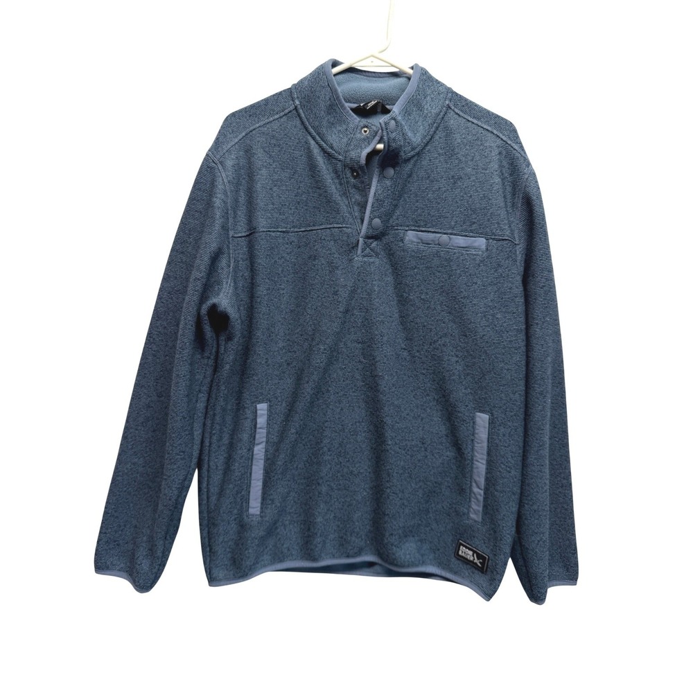 Eddie Bauer Mens Medium Blue Heathered Snap Mock‎ Neck Fleece Pullover Sweater